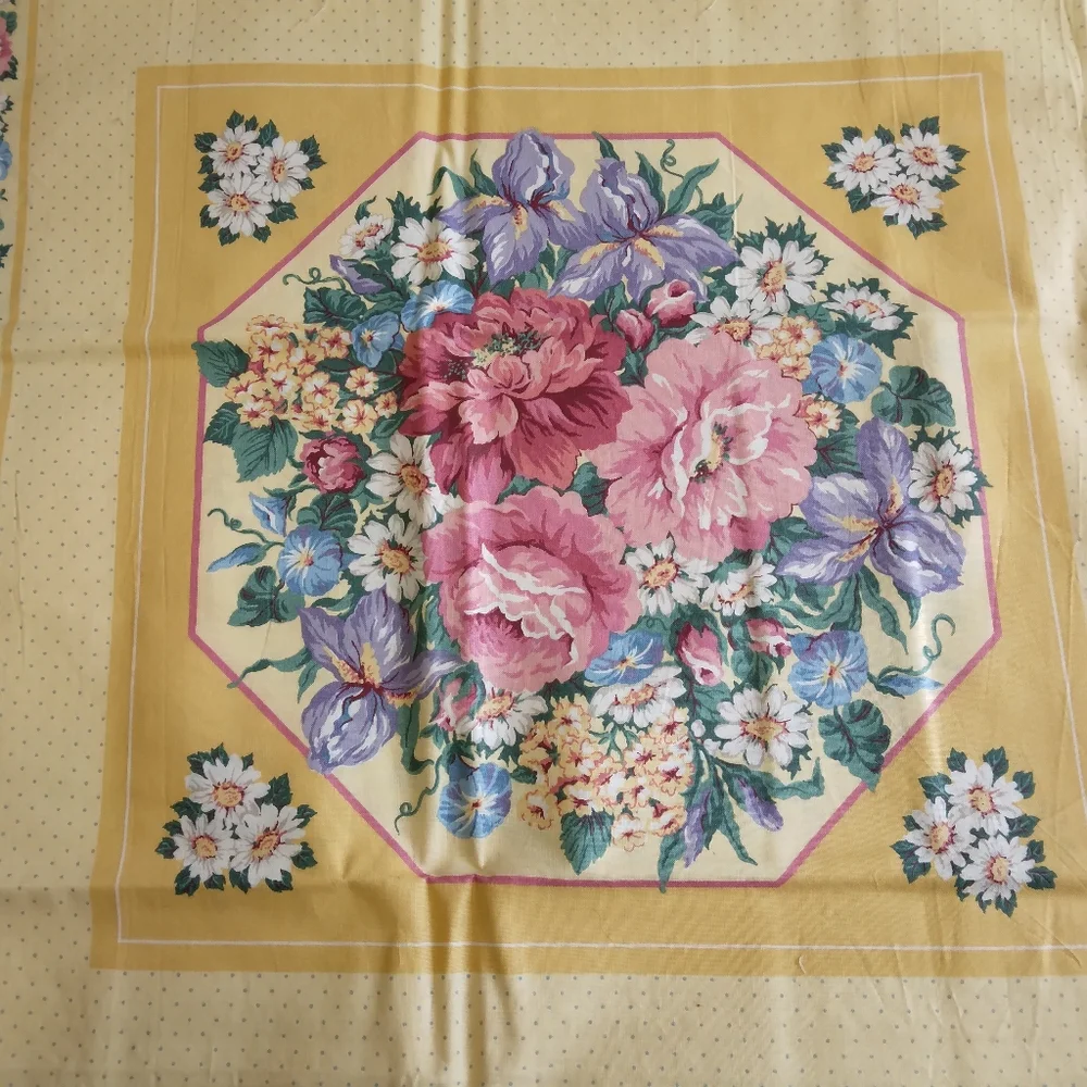 FABRIC PILLOW PANELS w/ border, Georgeous Dense Florals On Yellow 4 Panels 1 Yd